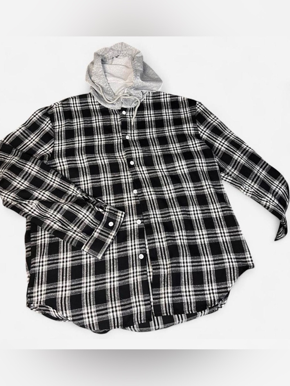 Manfinity‎ men’s Black & White Plaid Flannel Hoodie Shirt Jacket Large